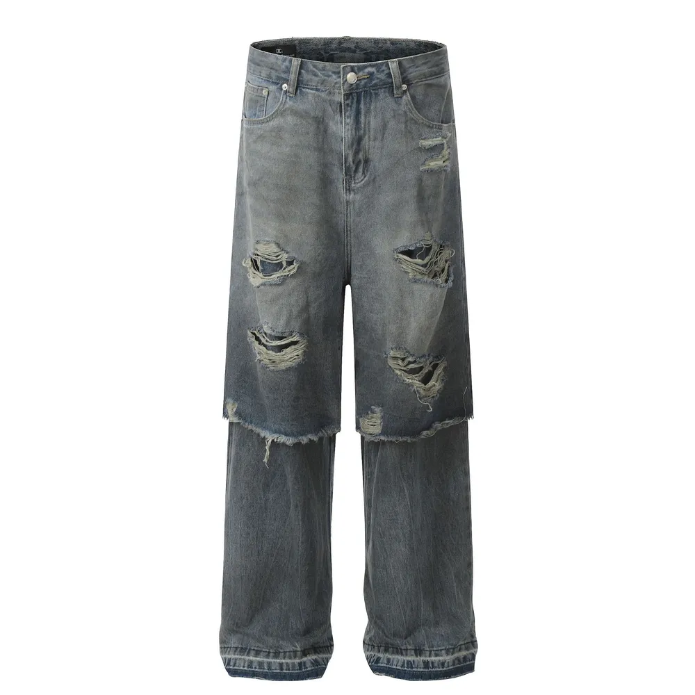 Men's Distressed Wide Leg Layered Denim Jeans