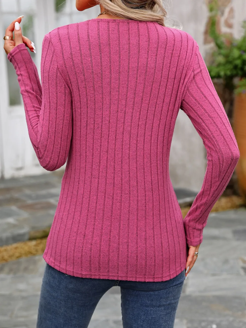 Decorative Button Round Neck Long Sleeve T-Shirt, image 7