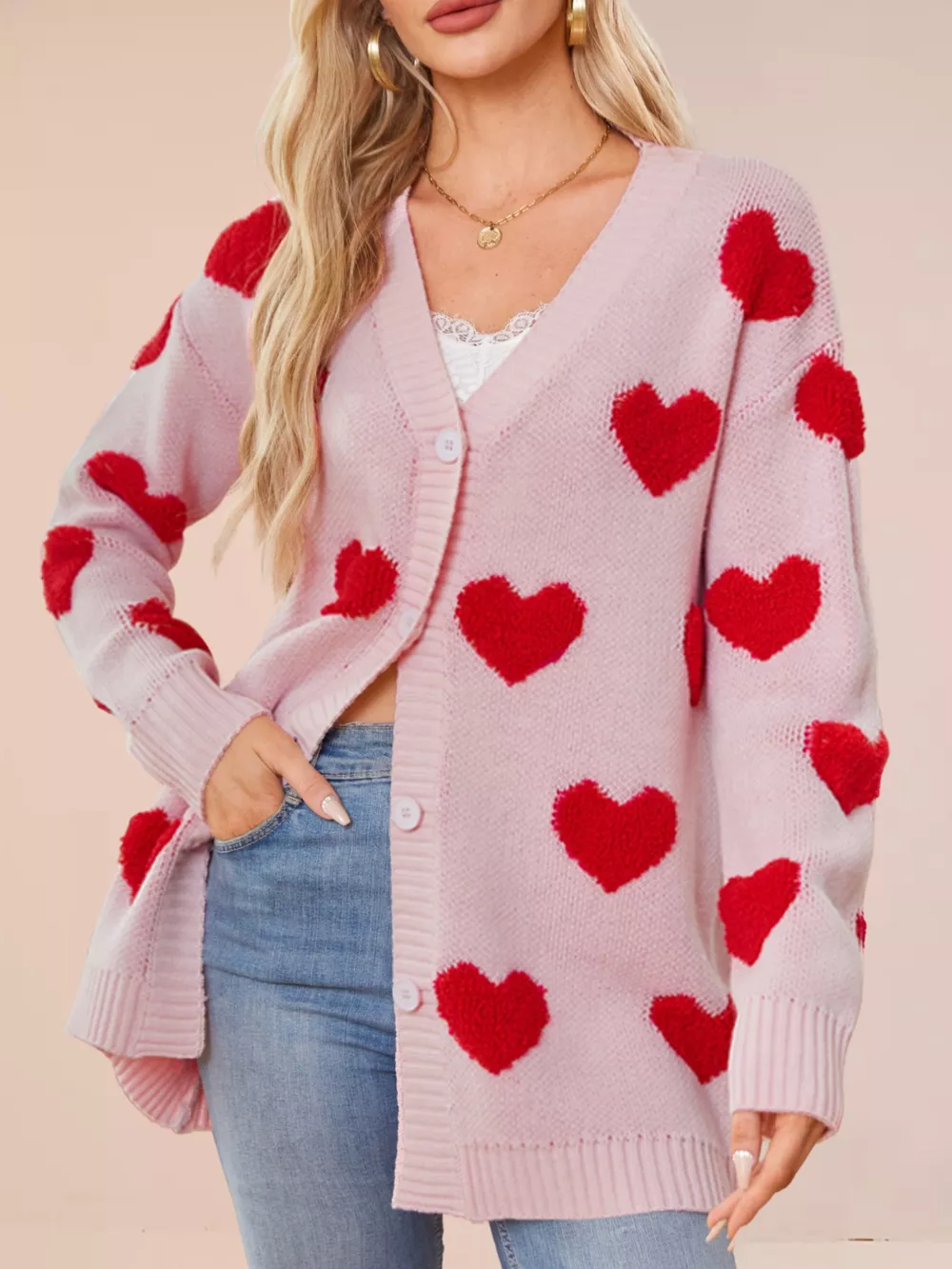 Heart Pattern Knit Button-Up Cardigan, image 4