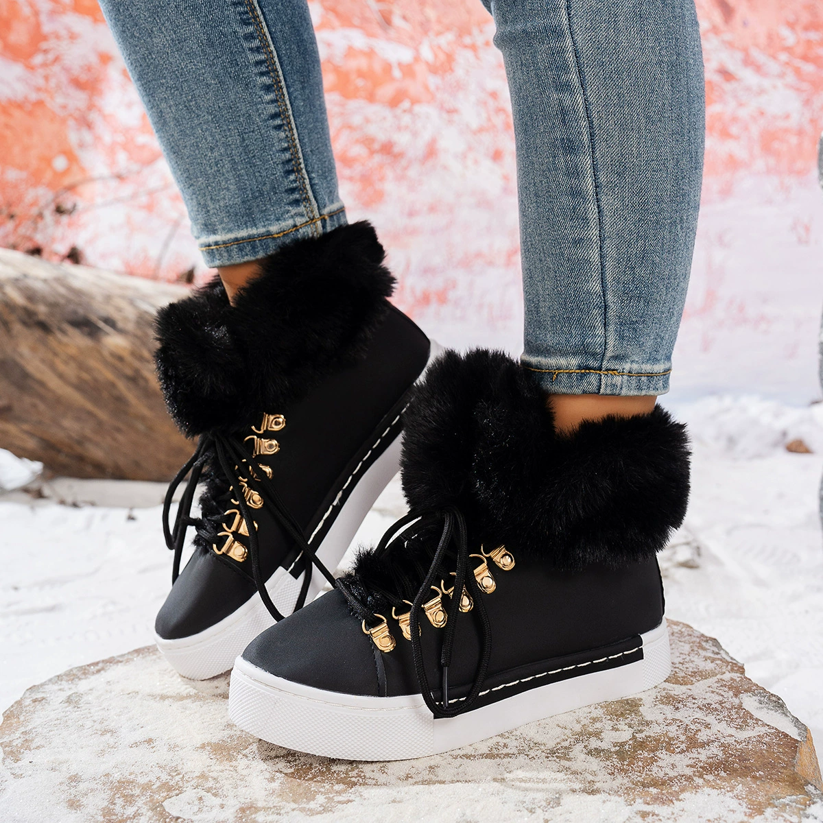 Fuzzy Trim Lace-Up Ankle Boots, image 5