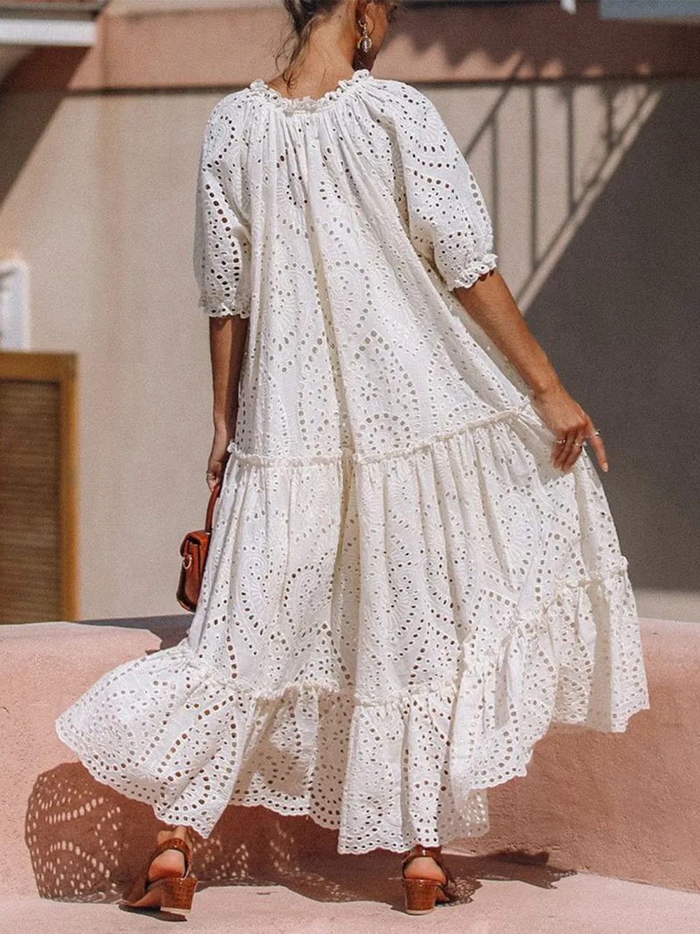 Tie Neck Half Sleeve Tiered Dress, image 2