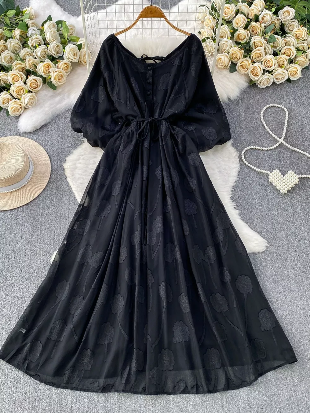 Button Front Puff Sleeve Chiffon Dress