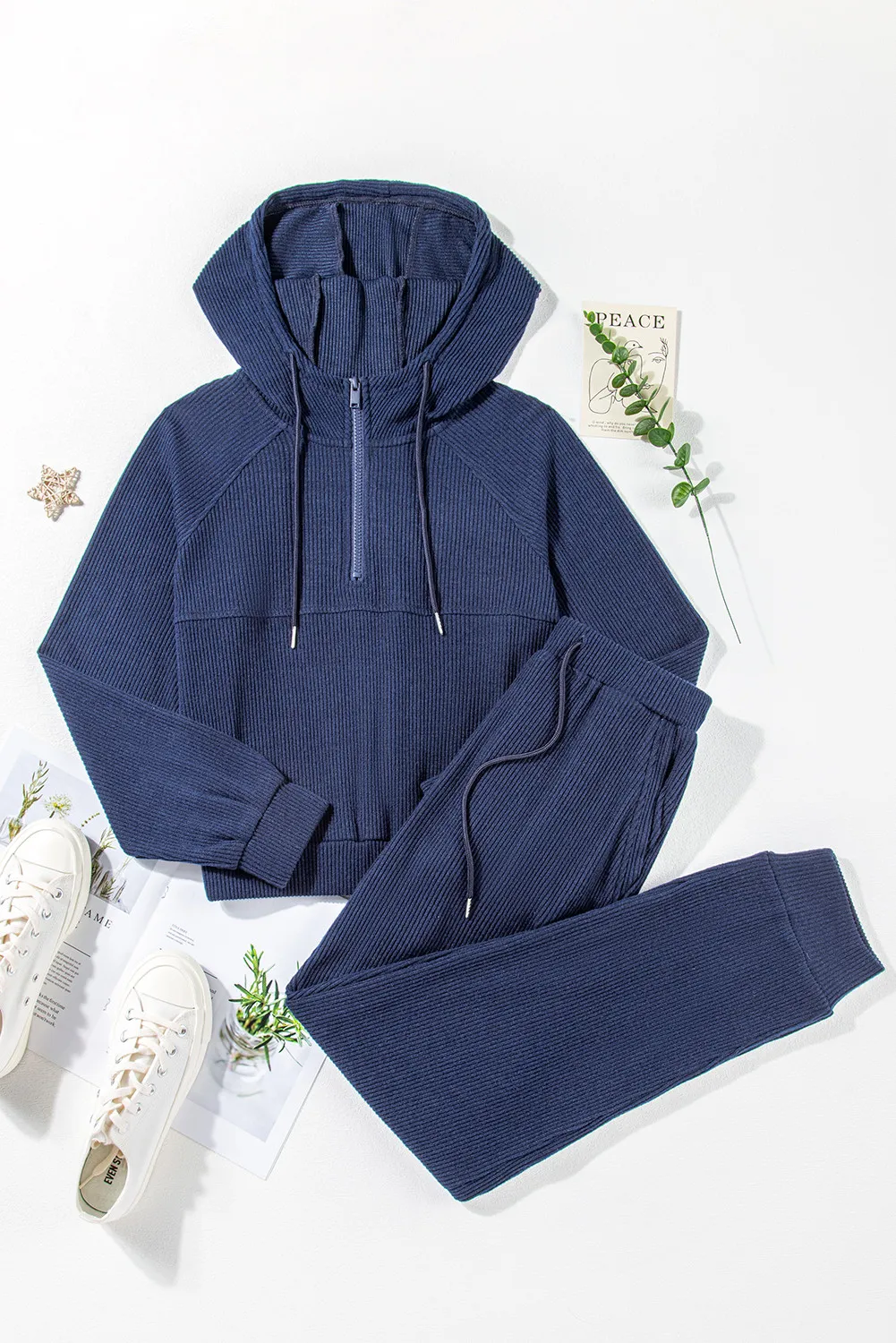 Drawstring Half Zip Hoodie and Joggers Active Set, image 2