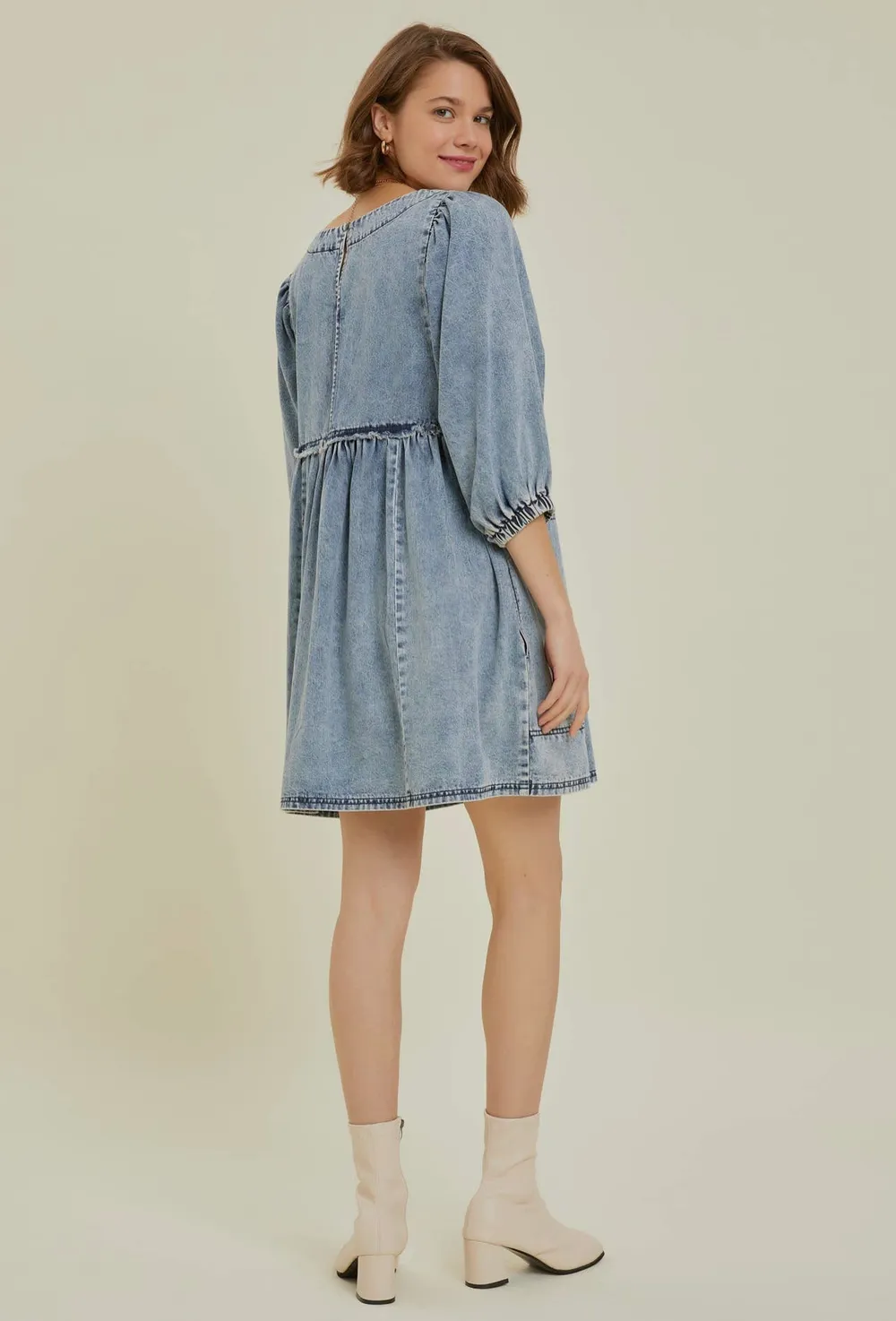 Cutout Round Neck Balloon Sleeve Denim Dress, image 2