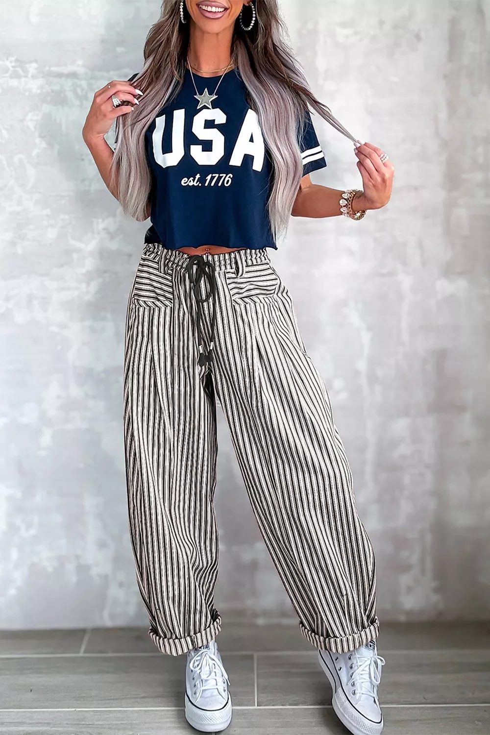 Stripe Drawstring Casual Loose Pants, image 12