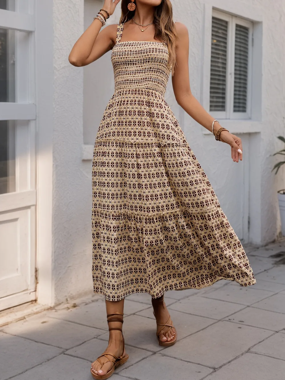 Printed Tiered Wide Strap Midi Dress