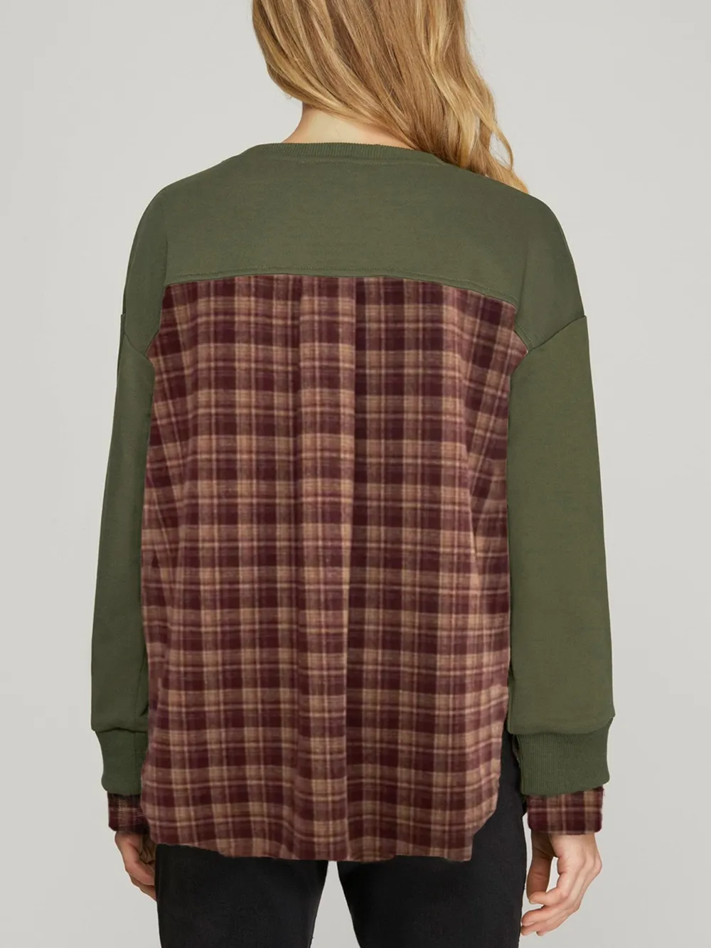 Plaid Patchwork Drop Shoulder Sweatshirt, image 2