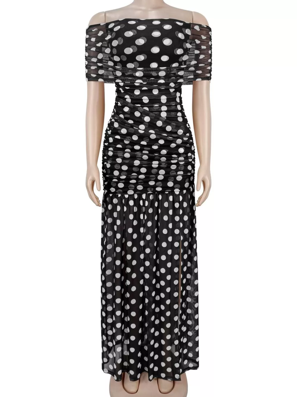 Polka Dot Off Shoulder Slit Maxi Dress, image 5