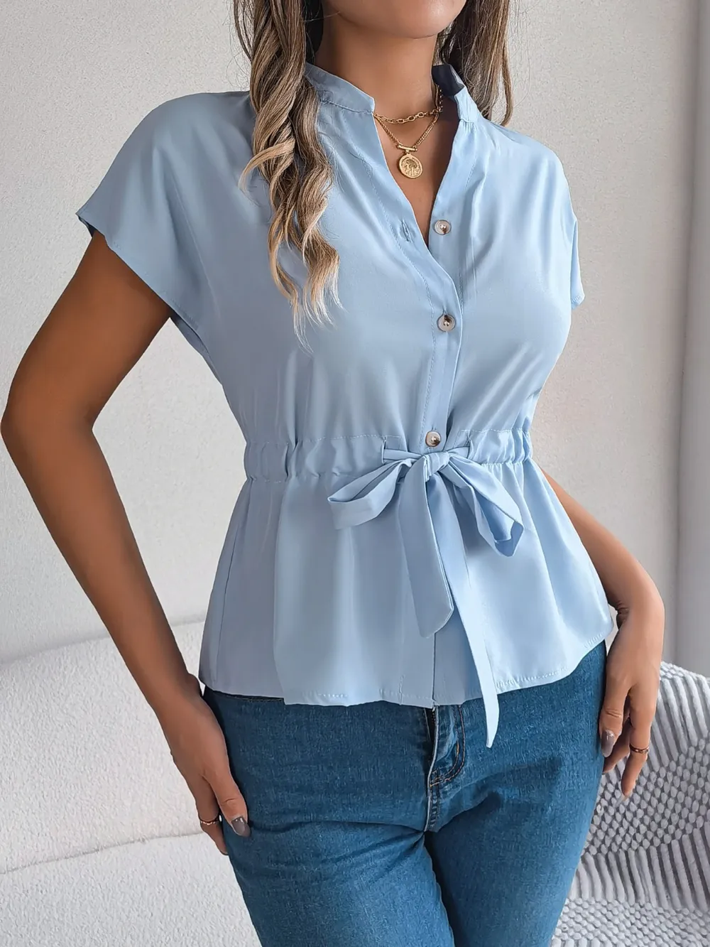 Notched Short Sleeve Blouse, image 10