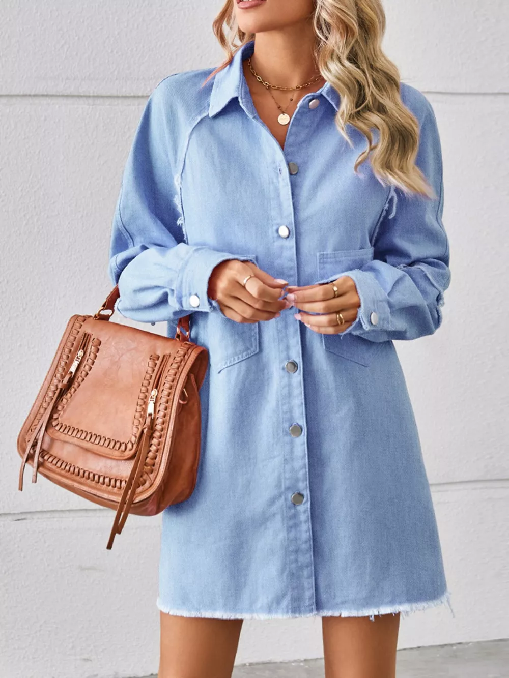 Button-Down Raw Hem Denim Dress, image 3