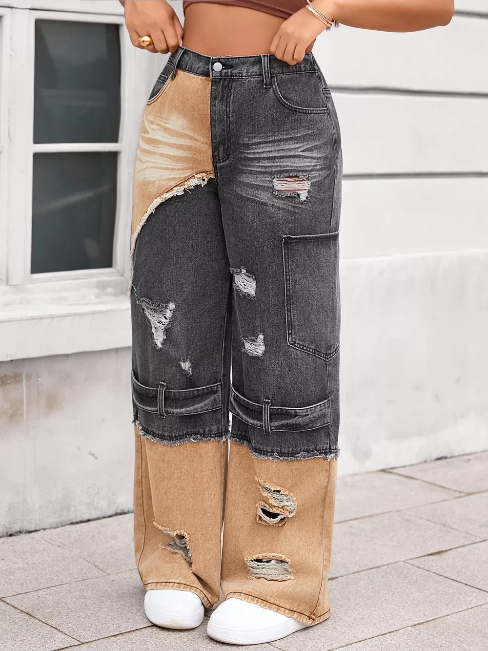 Two-Tone Ripped Wide Leg Jeans, image 3