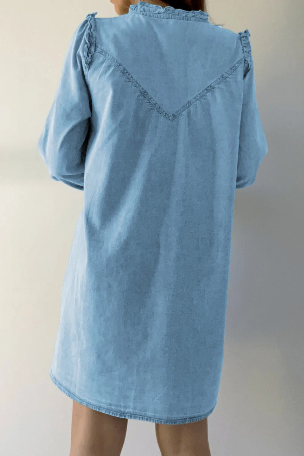 Button Up Notched Long Sleeve Denim Dress, image 2