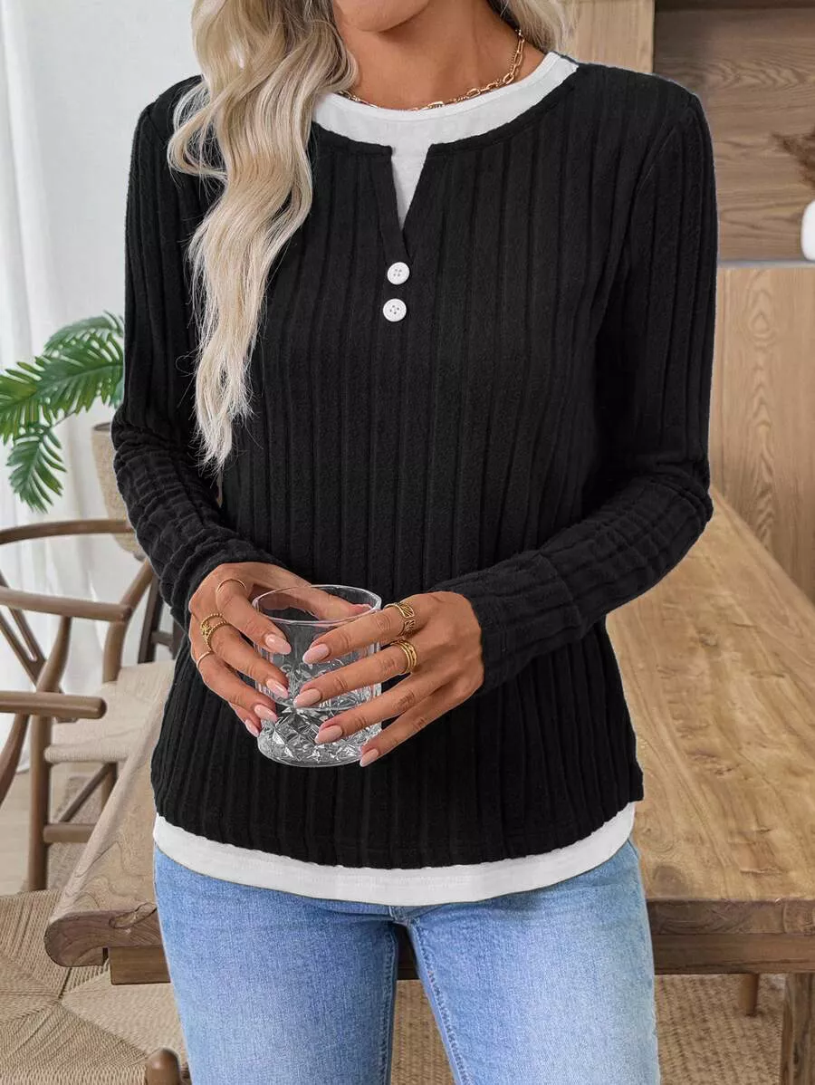 Ribbed Knit Long Sleeve Fake Two-Piece T-Shirt, image 3