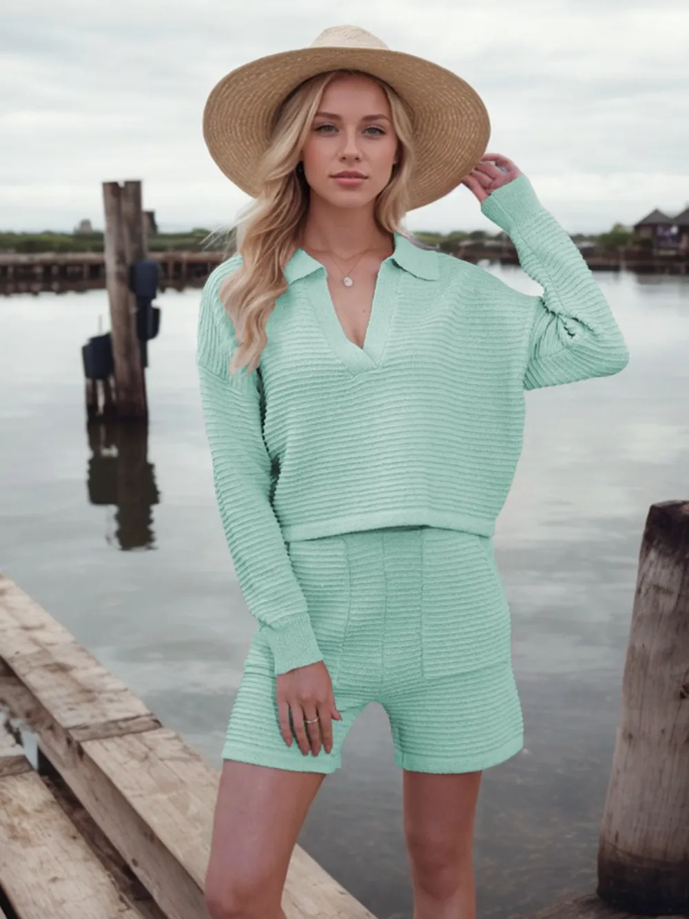 Johnny Collar Long Sleeve Top and Shorts Sweater Set, image 6