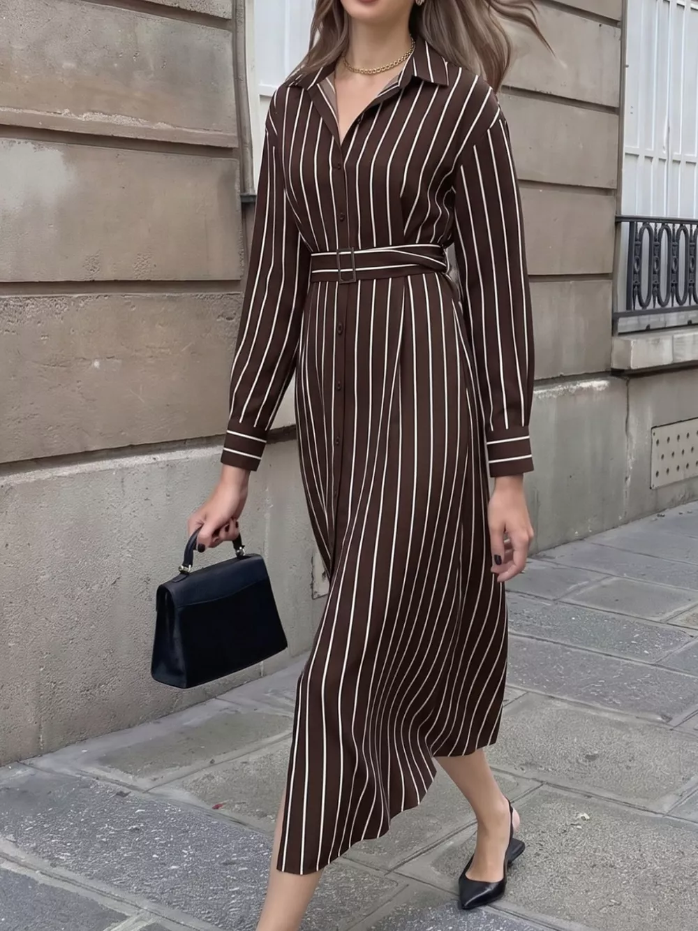 Striped Long Sleeve Belted Shirt Dress, image 2