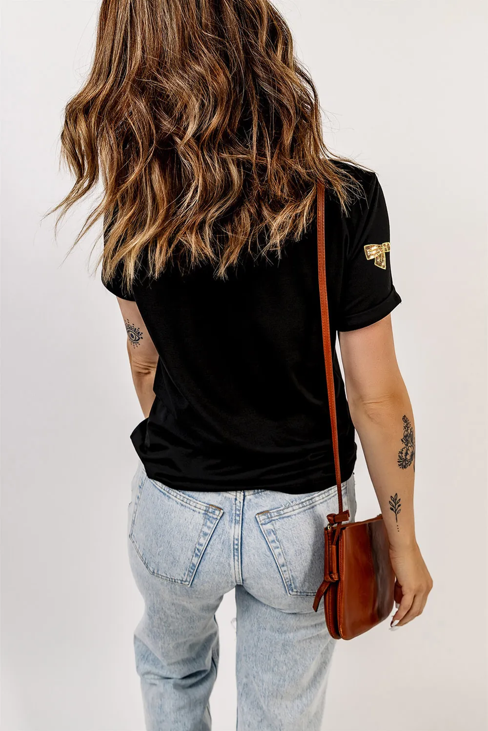 Bow Print Sequin Round Neck Short Sleeve T-Shirt, image 2