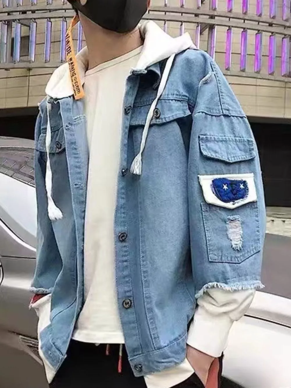 Men's Full Size Distressed Patchwork Hooded Denim Jacket Plus Size