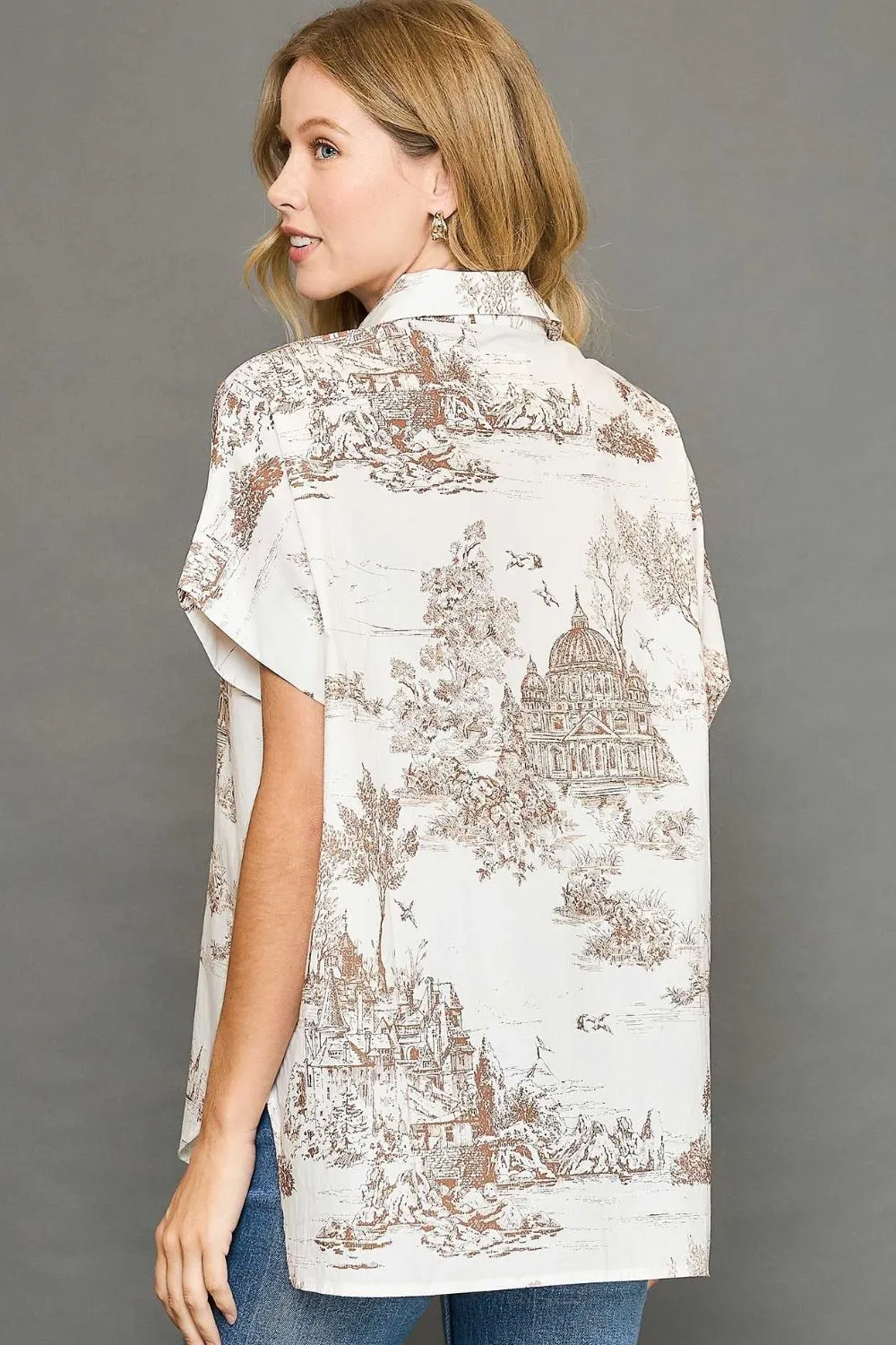Full Size Two Tone Print Button Up Short Sleeve Shirt Plus Size, image 2