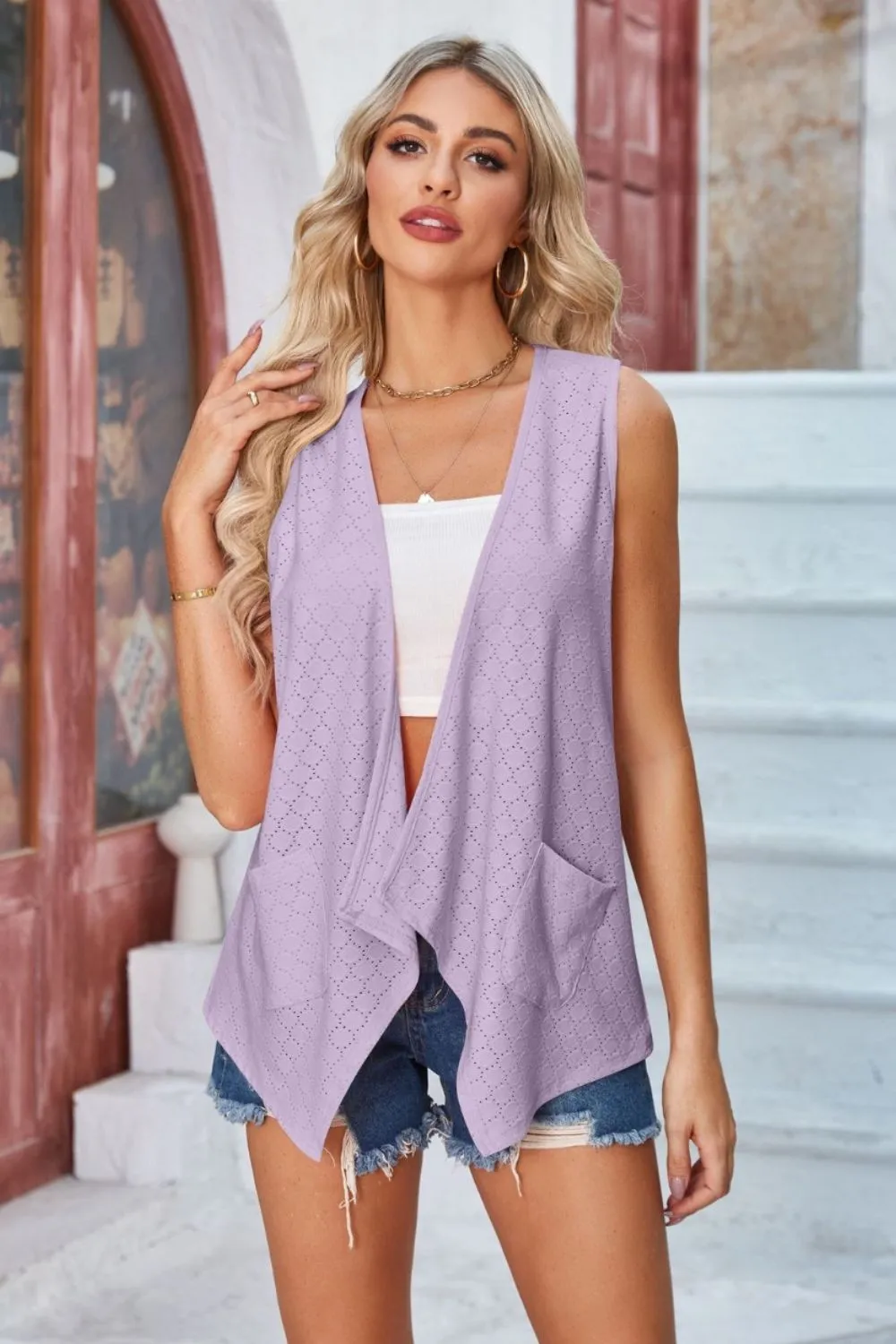 Eyelet Open Front Sleeveless Cardigan, image 10