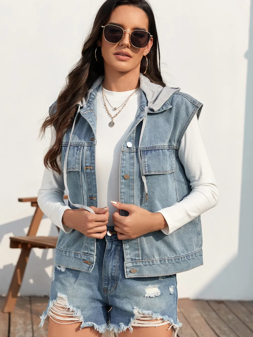 Drawstring Button Up Sleeveless Denim Jacket, image 4
