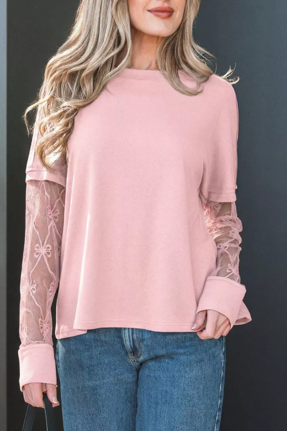 Solid Color Bow Textured Patchwork Long Sleeve Tee