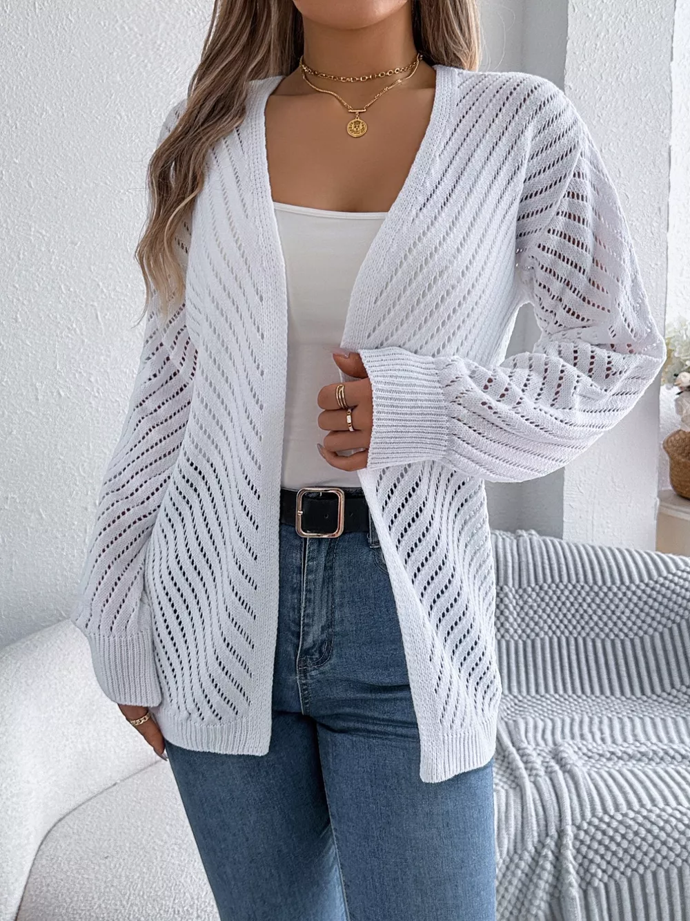 Openwork Open-Front Long Sleeve Cardigan, image 6