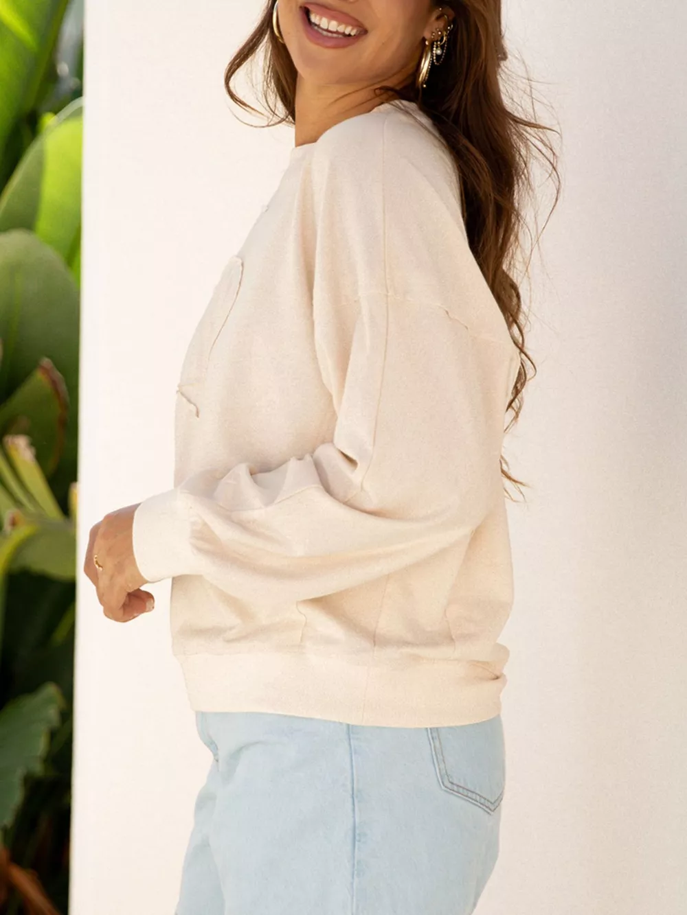 Raw Edge Flower Patch Drop Shoulder Casual Top, image 3