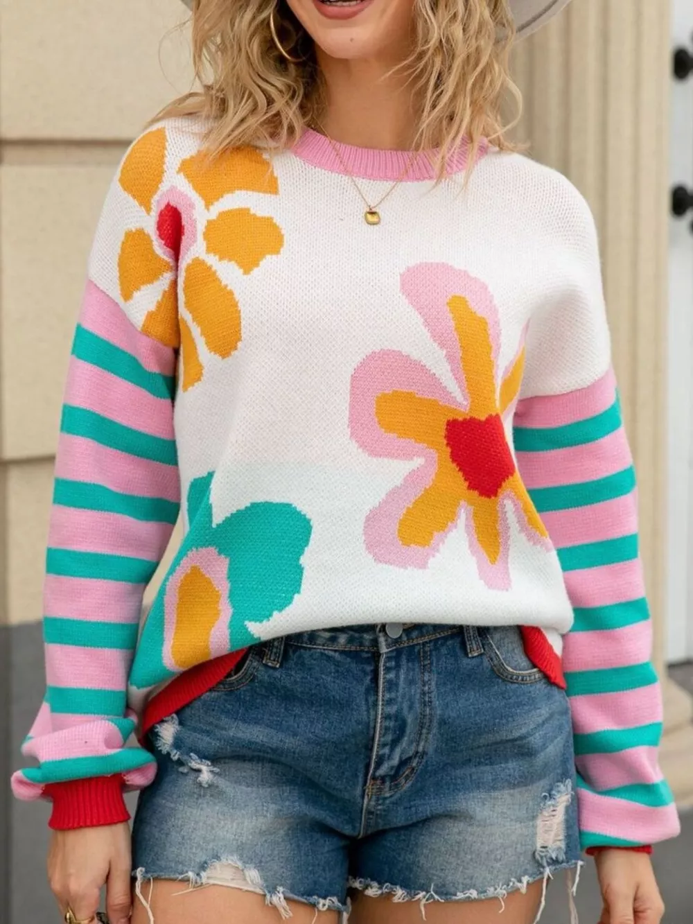 Floral Striped Crew Neck Sweater, image 5
