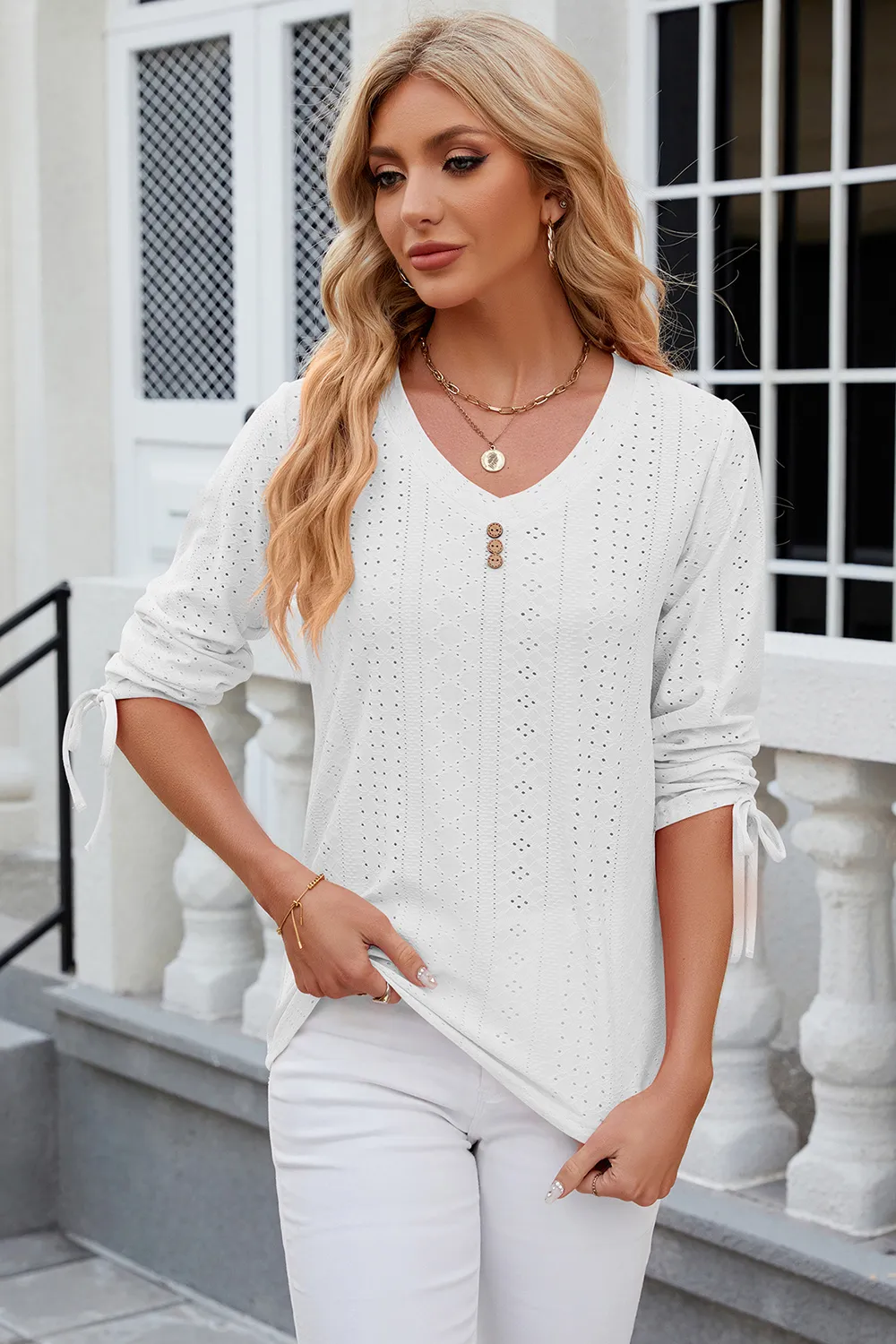 Eyelet Drawstring V-Neck Half Sleeve T-Shirt, image 14