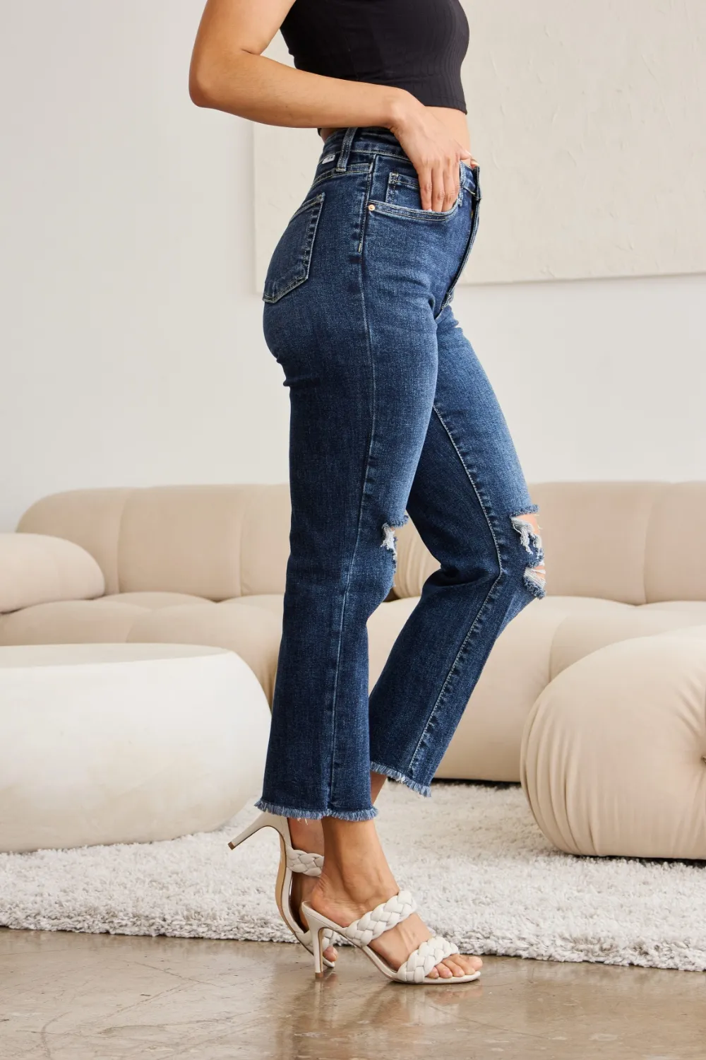 Crop Dylan Full Size Tummy Control Distressed High Waist Raw Hem Jeans, image 14