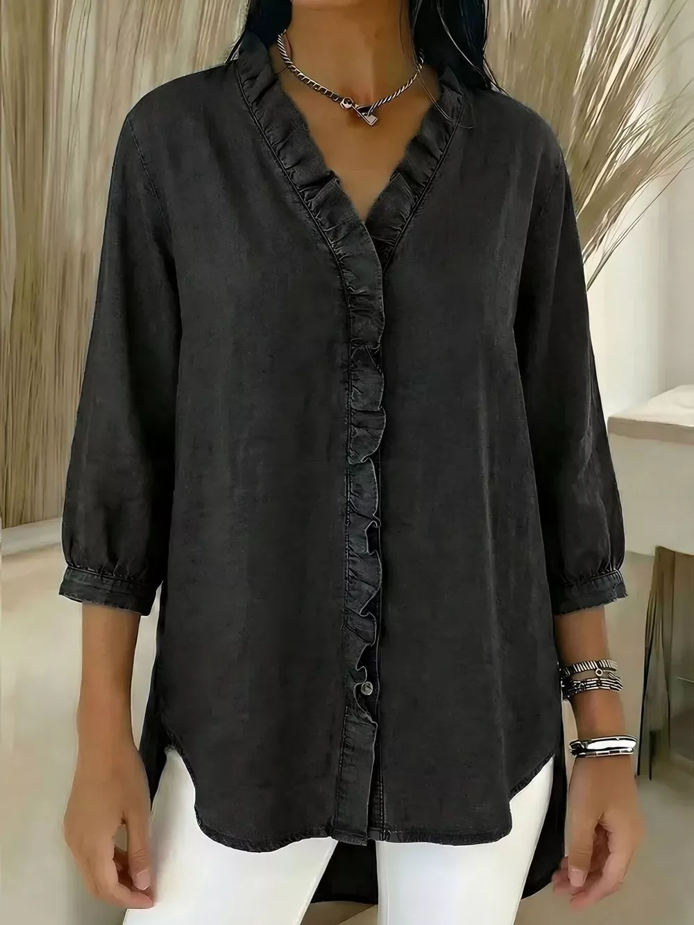 Full Size V-Neck Ruffled Button Down Shirt Plus Size, image 4
