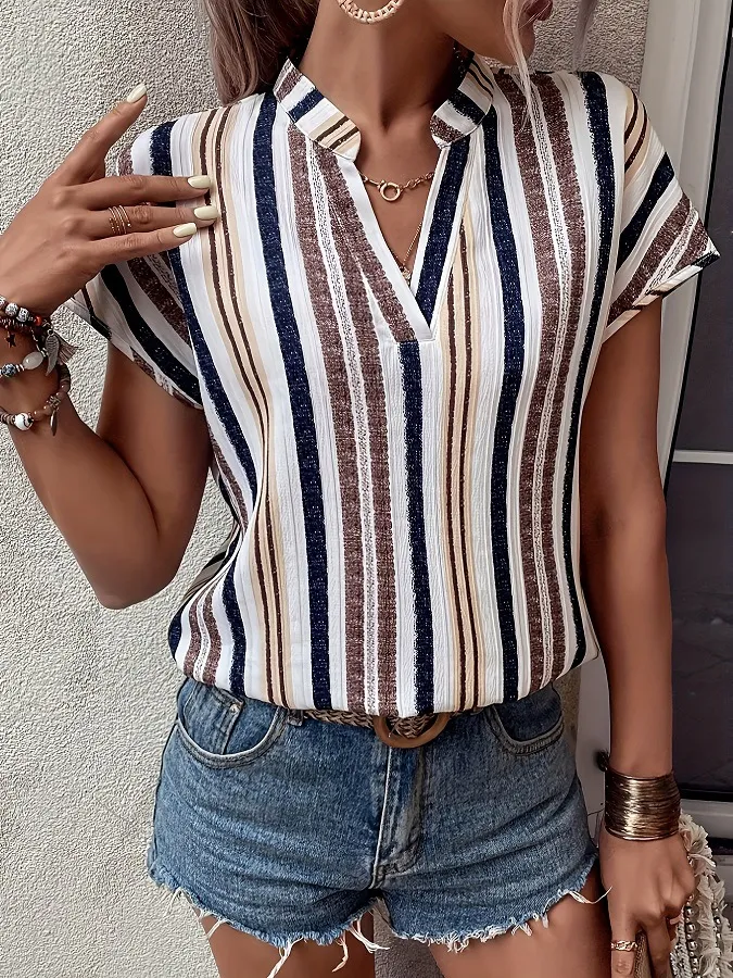 Striped Notched Short Sleeve Shirt, image 5