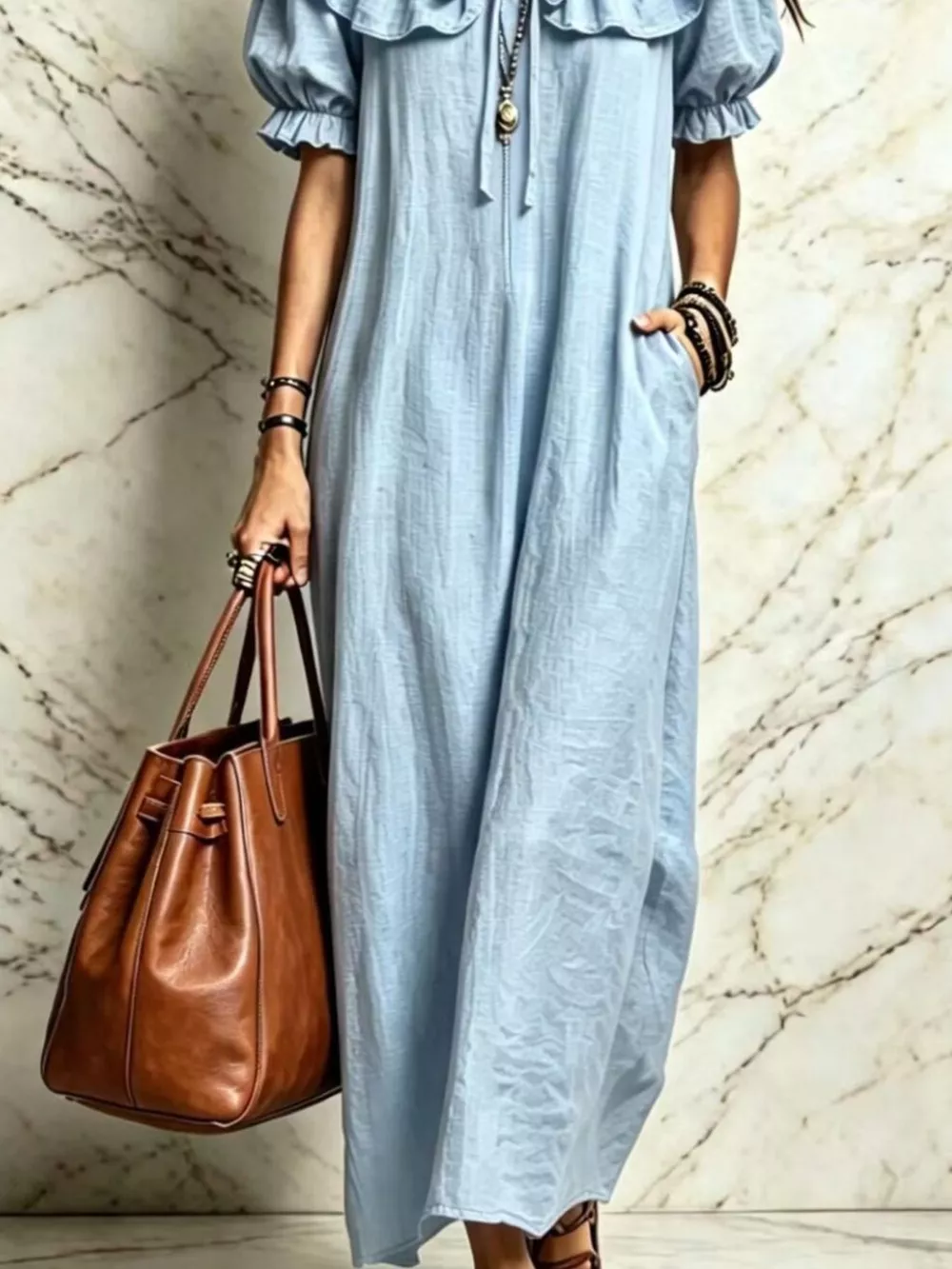 Ruffle Trim Puff Sleeve Maxi Dress, image 4