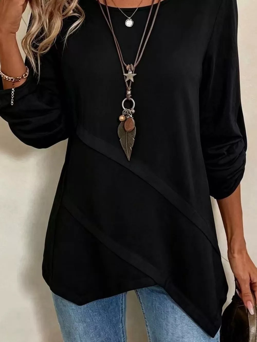 Asymmetrical Hem Solid Color Linen Blouse, image 9