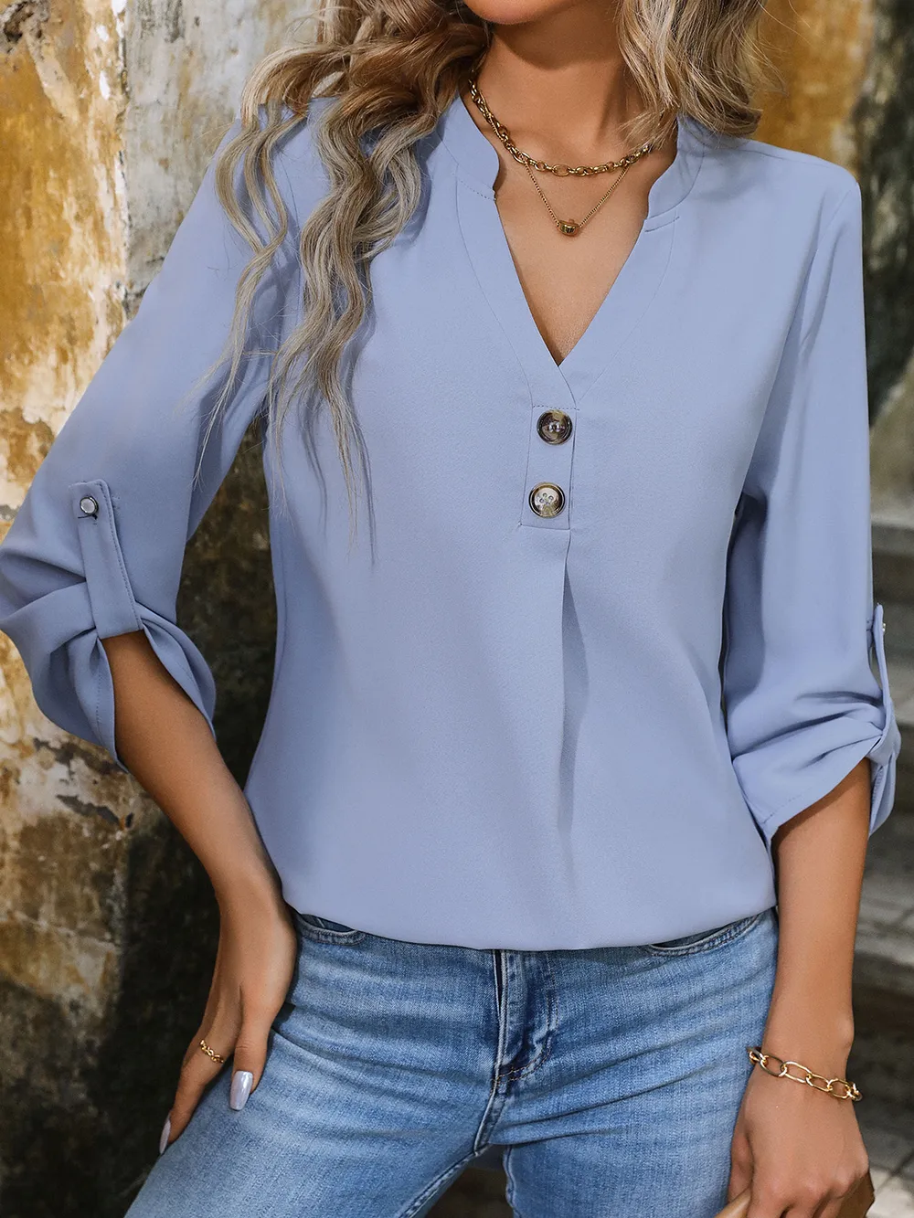 Notched Roll-Tab Sleeve Blouse, image 2