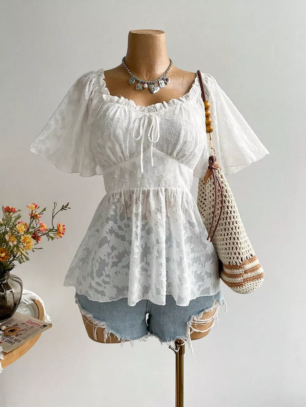 Plus Size Floral Flutter Sleeve Blouse with Smocked Back, image 3