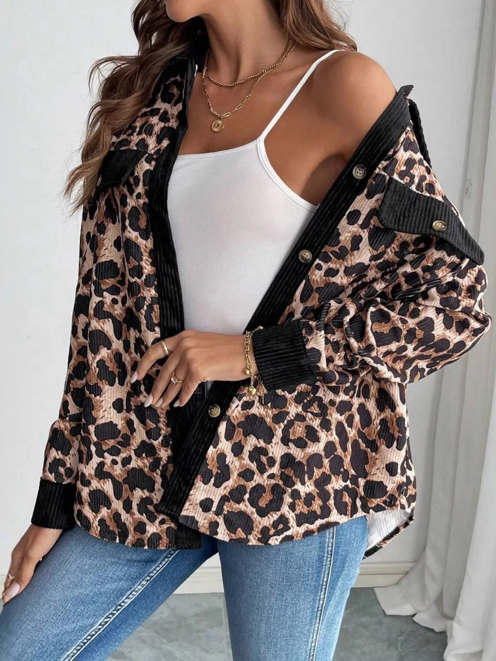 Leopard Collared Neck Button Up Shacket, image 5