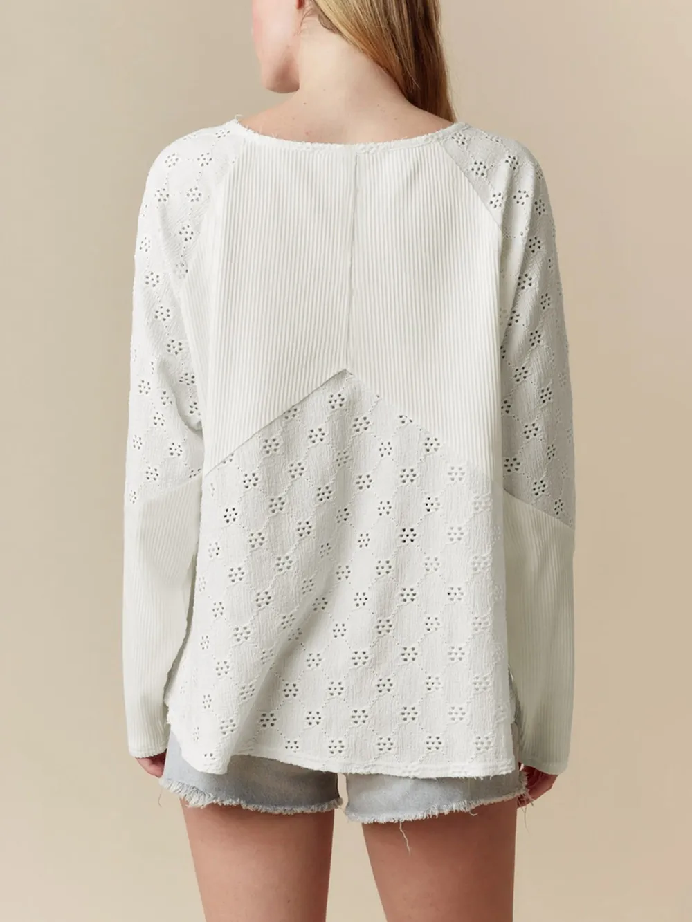 Eyelet Embroidered Loose V Neck Long Sleeve Top, image 3