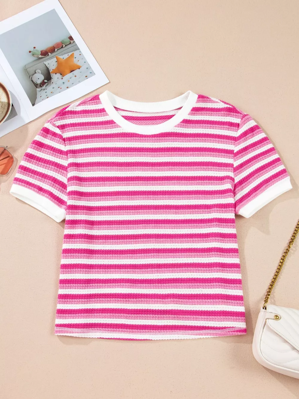 Textured Knit Short Sleeve Crossed Detail Tee, image 4