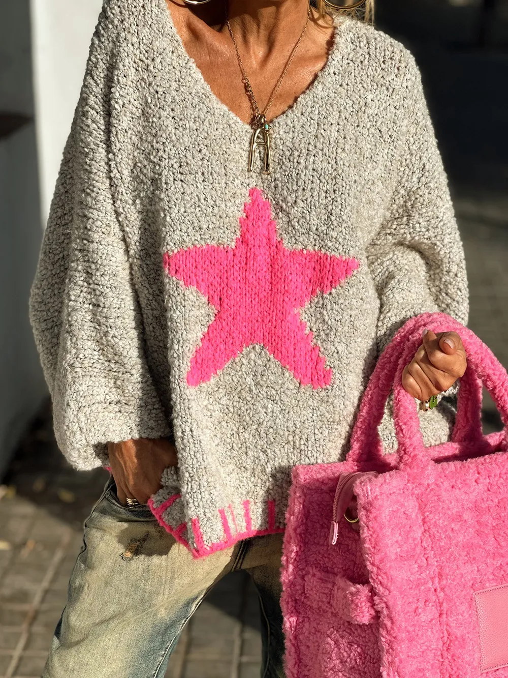 Star V-Neck Long Sleeve Oversize Sweater, image 8