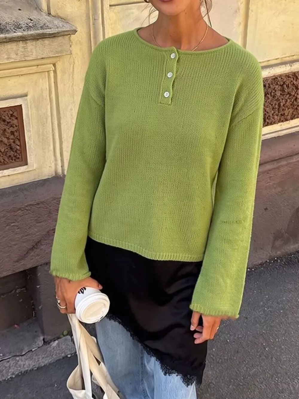 Button-Placket Round Neck Drop Shoulder Knit Top, image 9