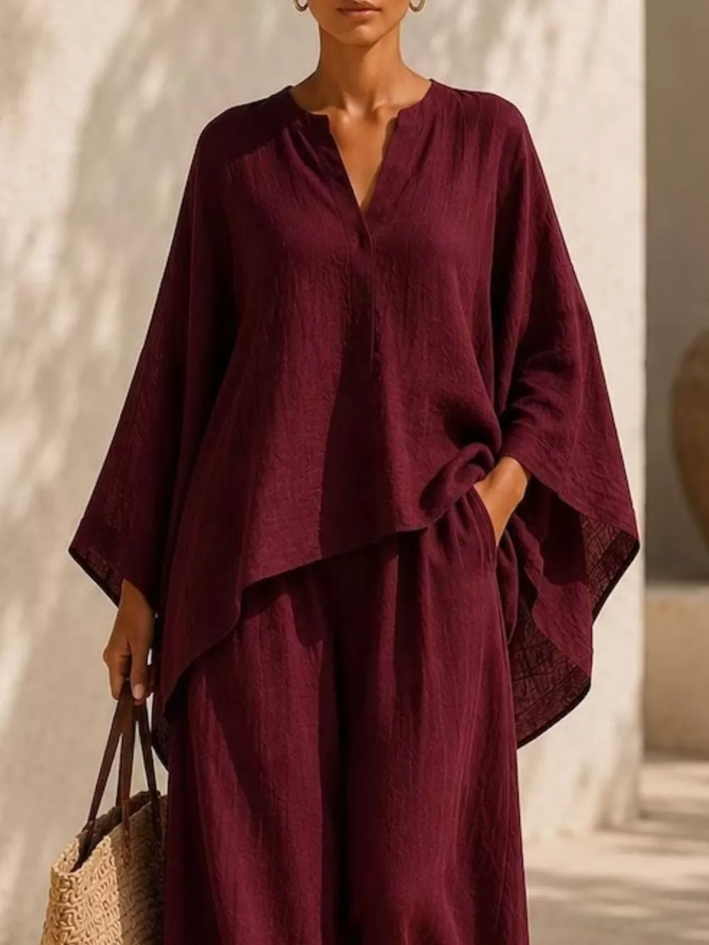 Full Size Notched Long Sleeve Top and Wide-Leg Pants Set Plus Size, image 12