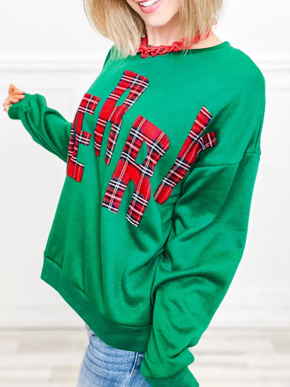 Plaid Letter Graphic Round Neck Sweatshirt, image 2