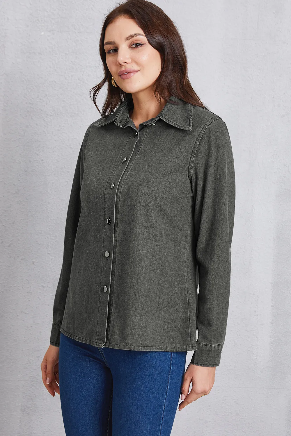 Collared Neck Button Up Denim Top, image 4