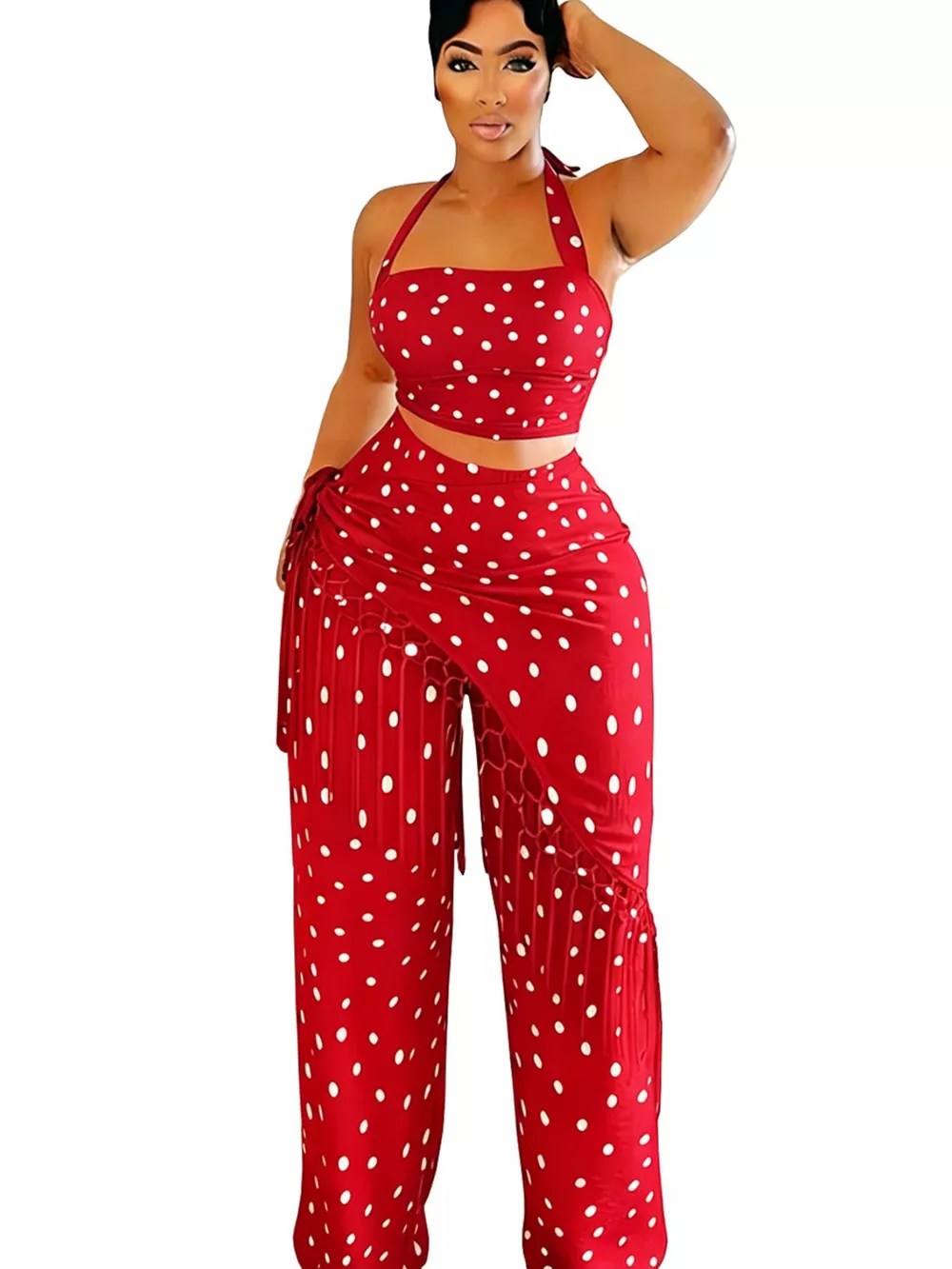 Polka Dot Halter Neck Cami and Fringe Trim Pants Set, image 15
