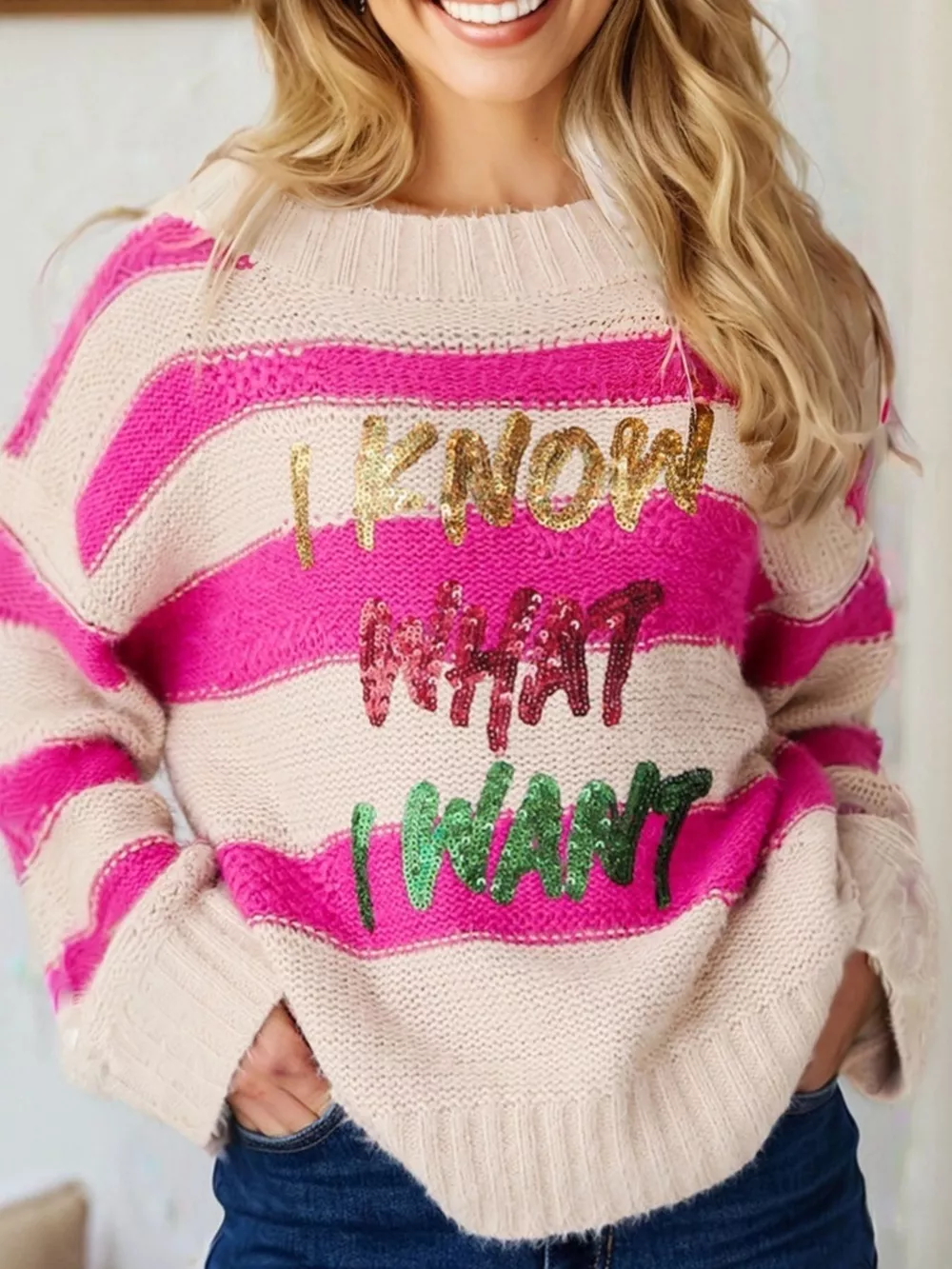 Sequin Letter Graphic Colorblock Loose Sweater, image 2