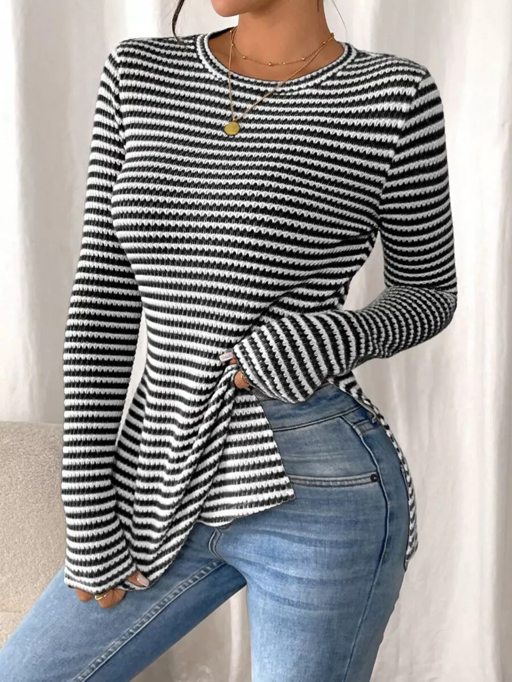 Slit Striped Long Sleeve Casual T-Shirt, image 2