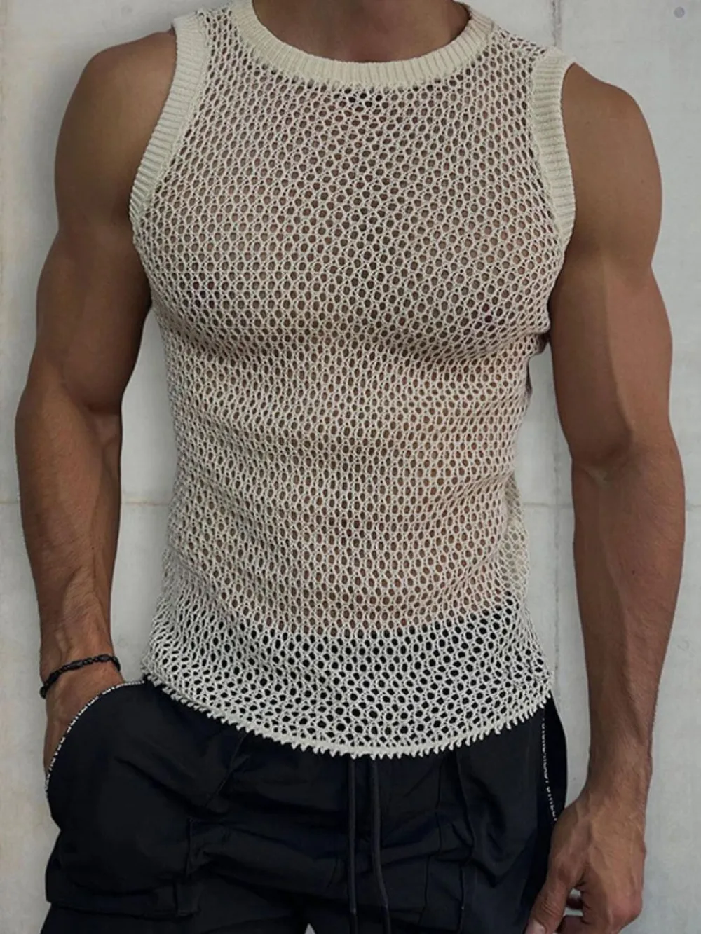 Men's Round Neck Hollow Out Sleeveless Knit Top, image 5