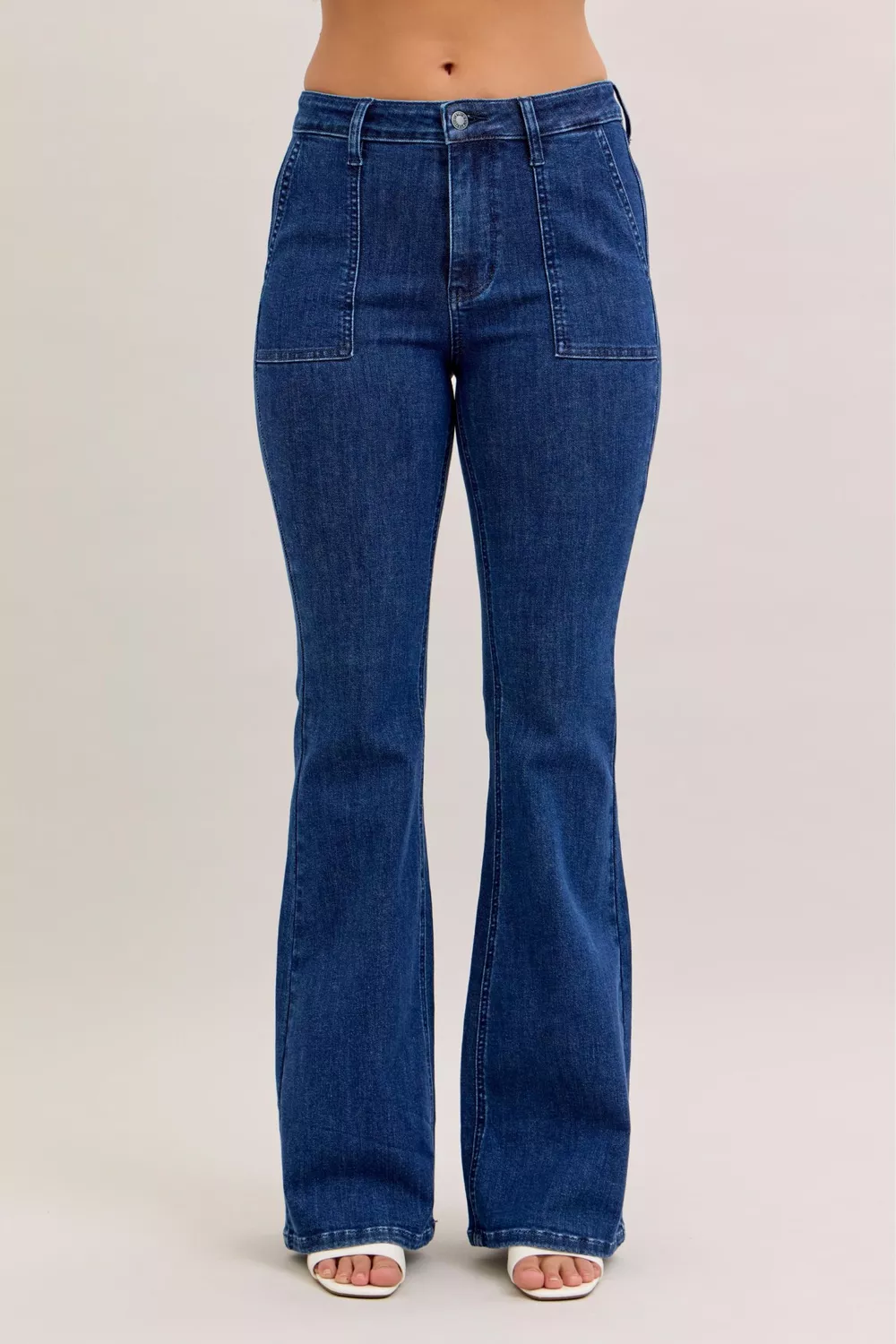 High Waist Flare Jeans with Front Patch Pockets
