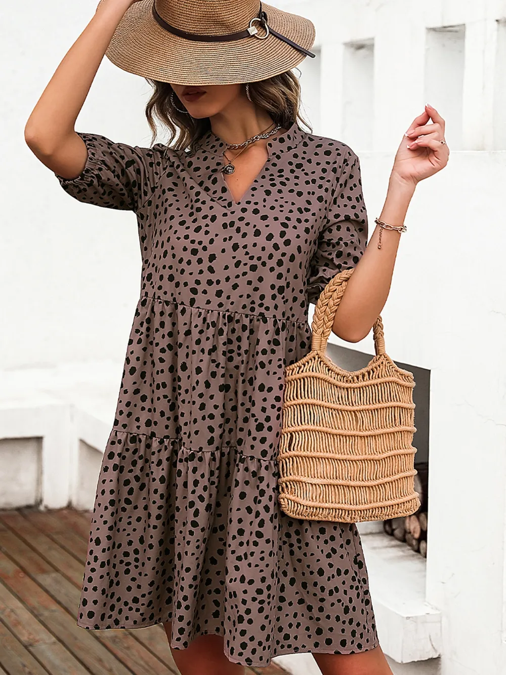 Printed Notched Half Sleeve Dress, image 4